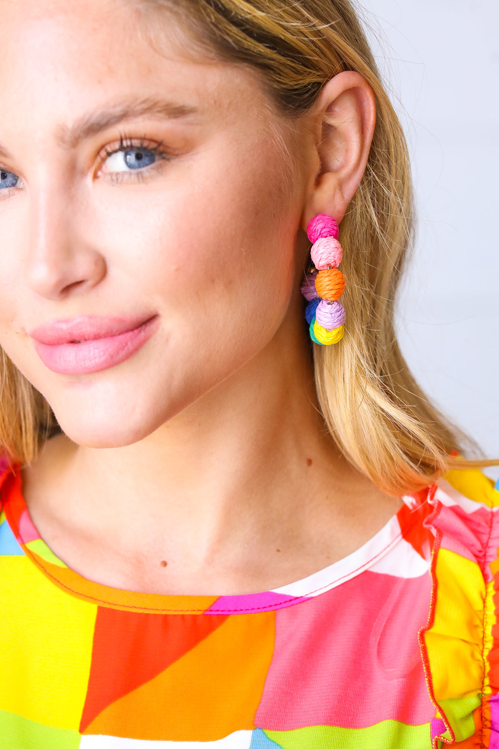 Multicolor Raffia & Gold Pom Hoop Earrings