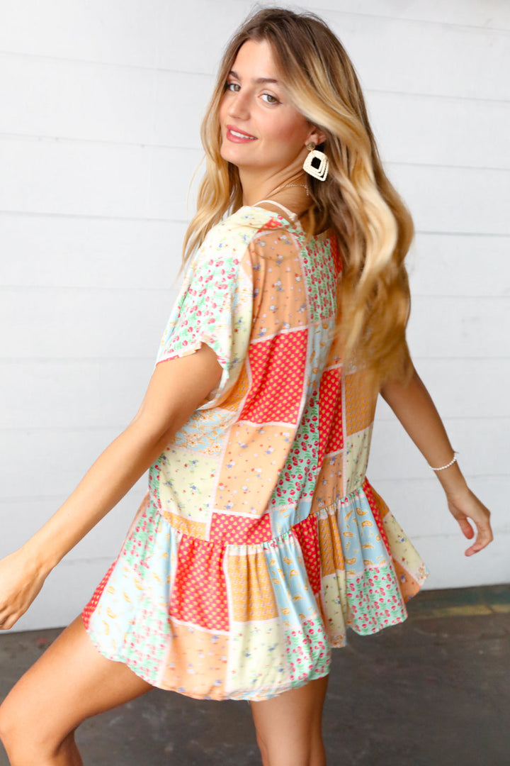 Coral & Peach Boho Patchwork Babydoll Woven Top