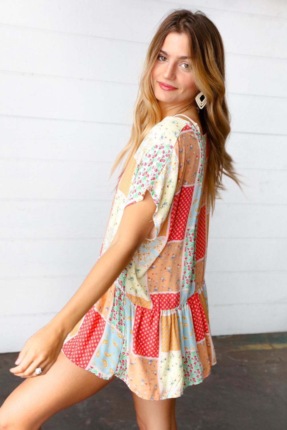 Coral & Peach Boho Patchwork Babydoll Woven Top