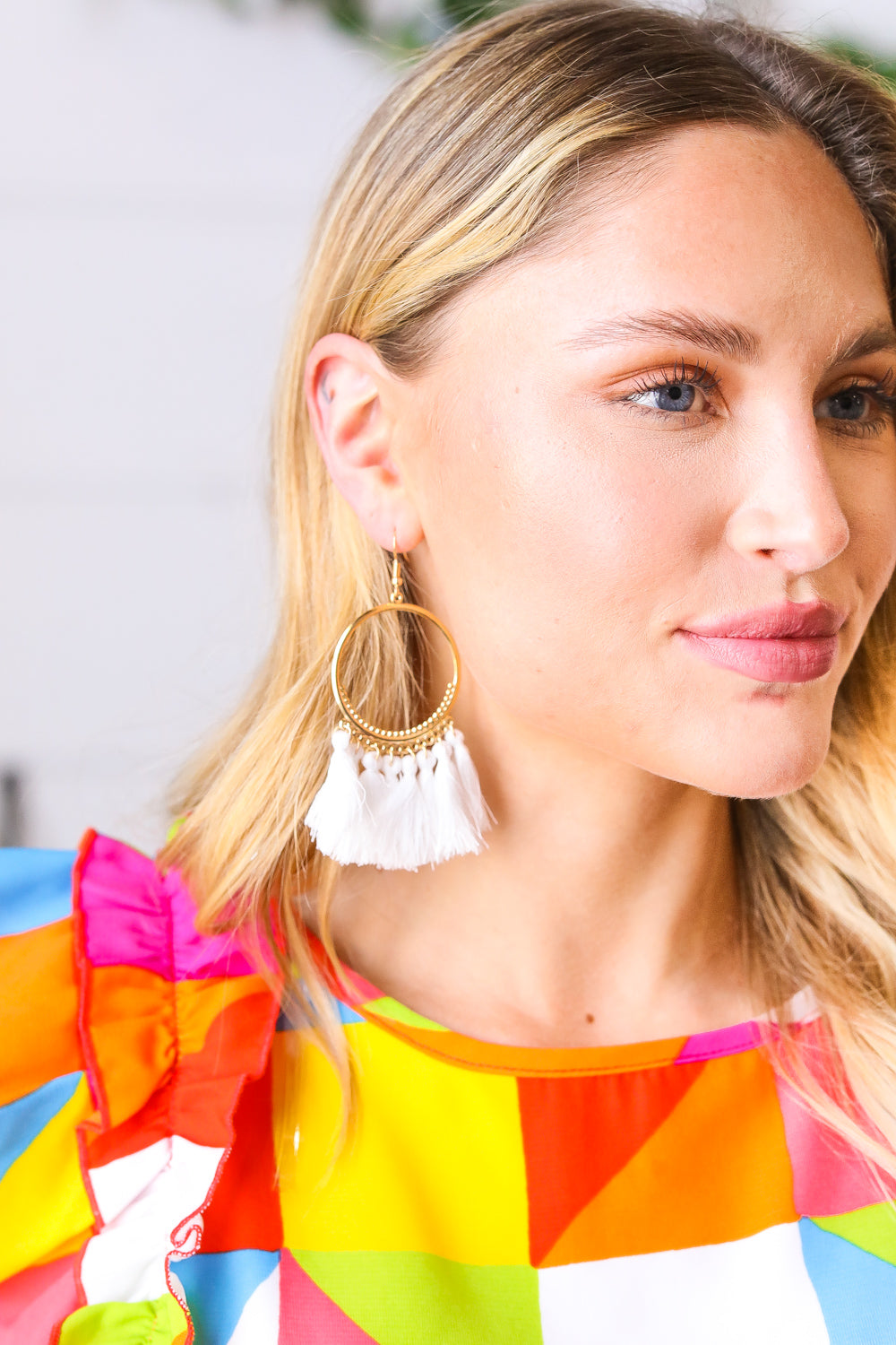 Dove & Gold Fringe Tassel Hoop Earrings