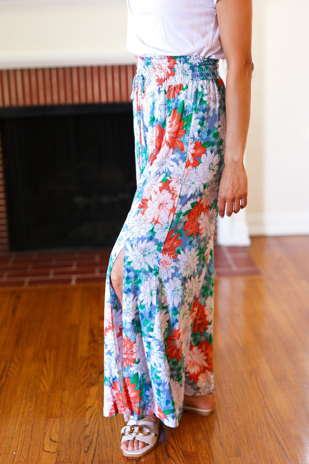 Vacay Vibes Green Floral Smocked Waist Side Slit Palazzo Pants