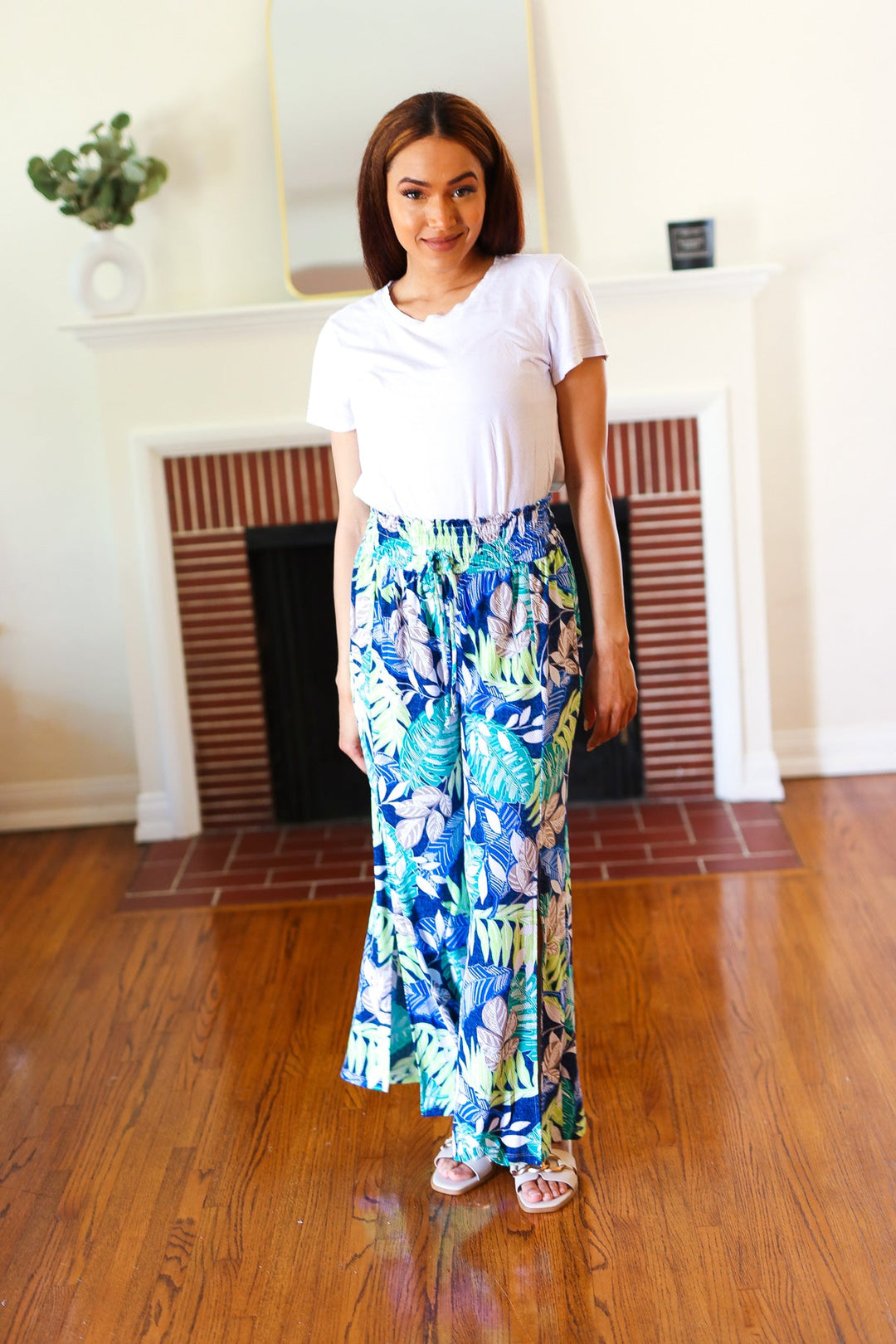 Tropical Boho Smocked Waist Side Slit Palazzo Pants