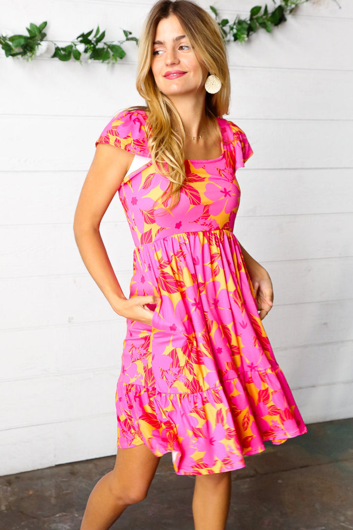 Fuchsia & Orange Tropical Floral Square Neck Dress