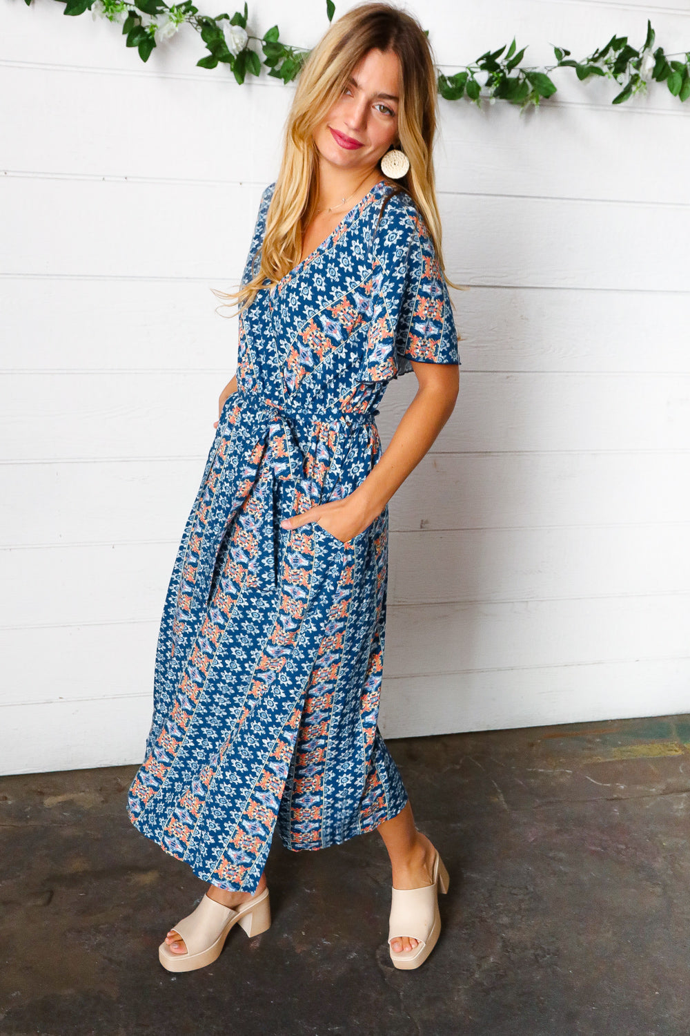 Navy Boho Print Surplice Sash Belt Midi Dress