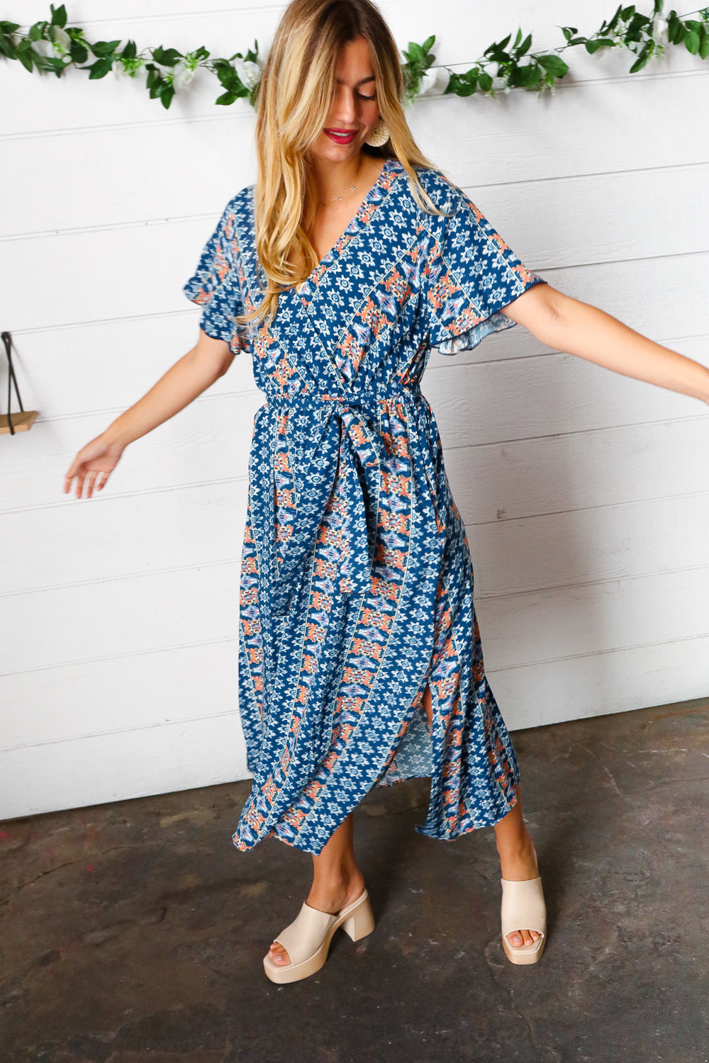 Navy Boho Print Surplice Sash Belt Midi Dress