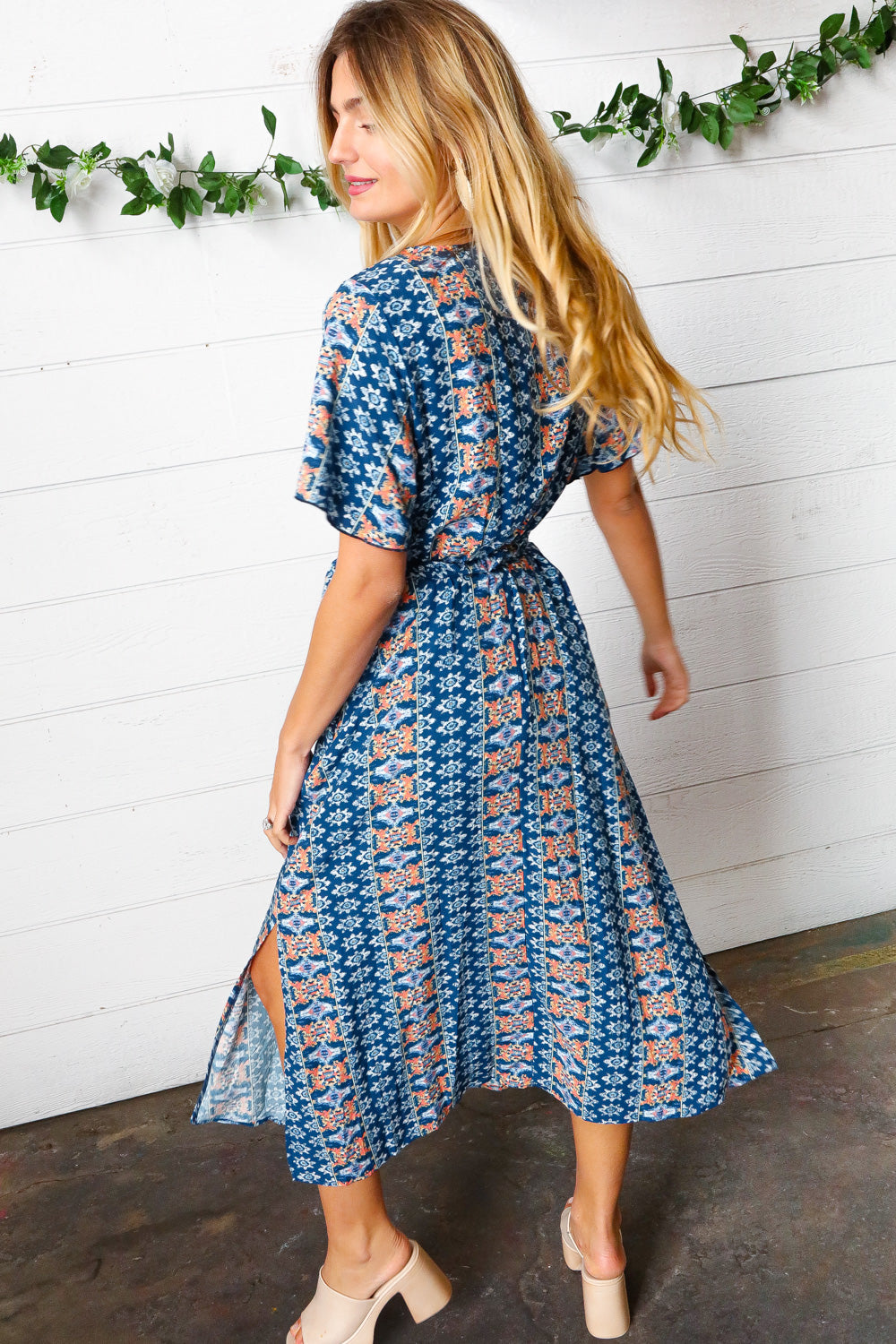 Navy Boho Print Surplice Sash Belt Midi Dress