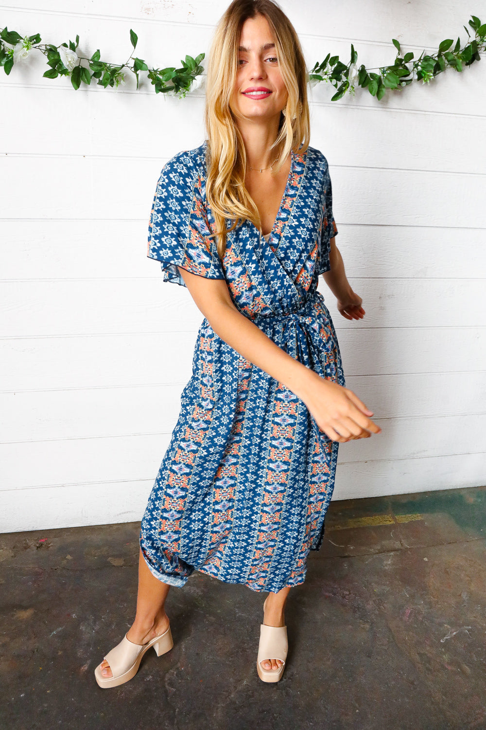 Navy Boho Print Surplice Sash Belt Midi Dress