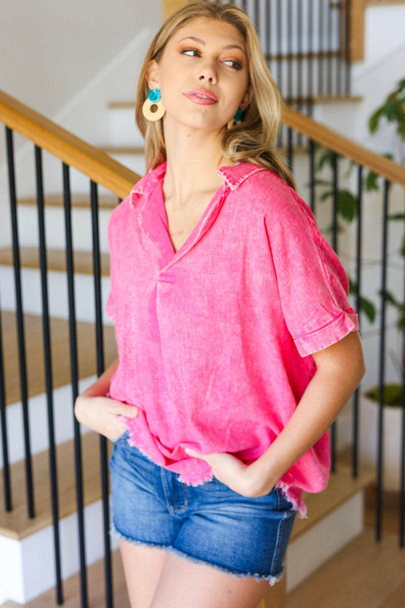 Ready For Spring Fuchsia Washed Linen Collared Top