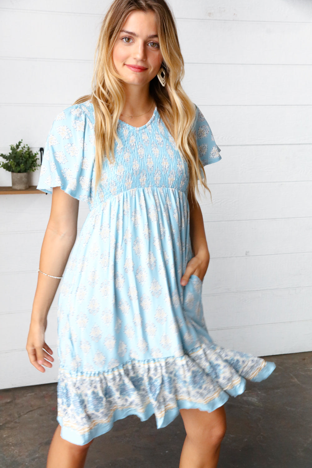 Light Blue Paisley Fit and Flare Smocked Midi Dress