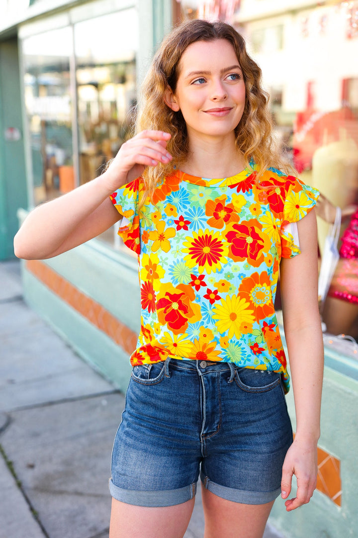 Yellow & Red Floral Flutter Sleeve Top