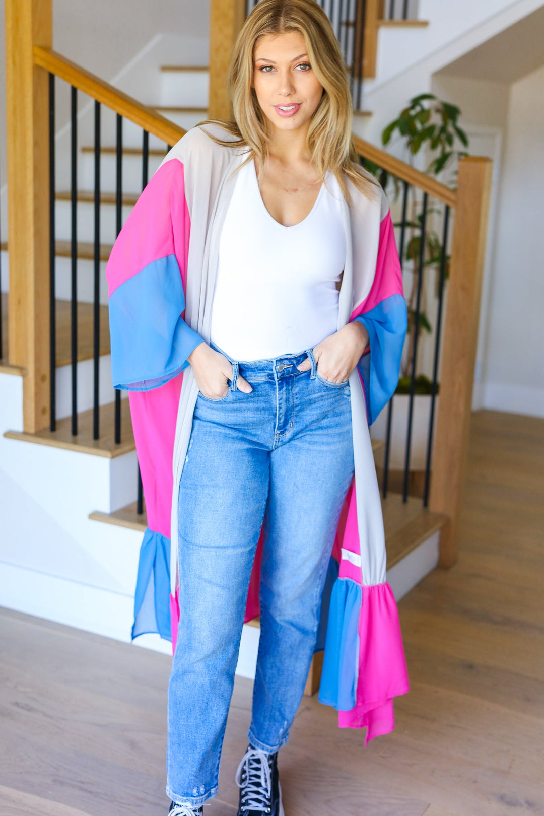 Feel Your Best Taupe & Fuchsia Color Block Ruffle Hem Kimono