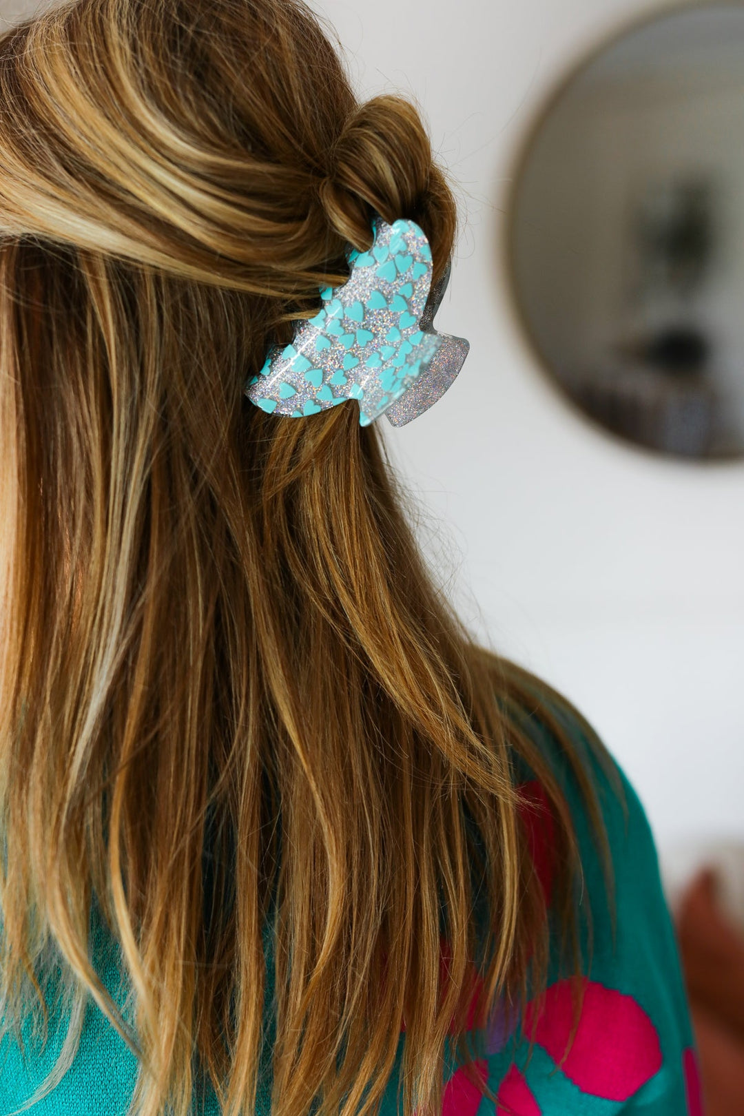 Turquoise Hearts & Glitter Hair Claw