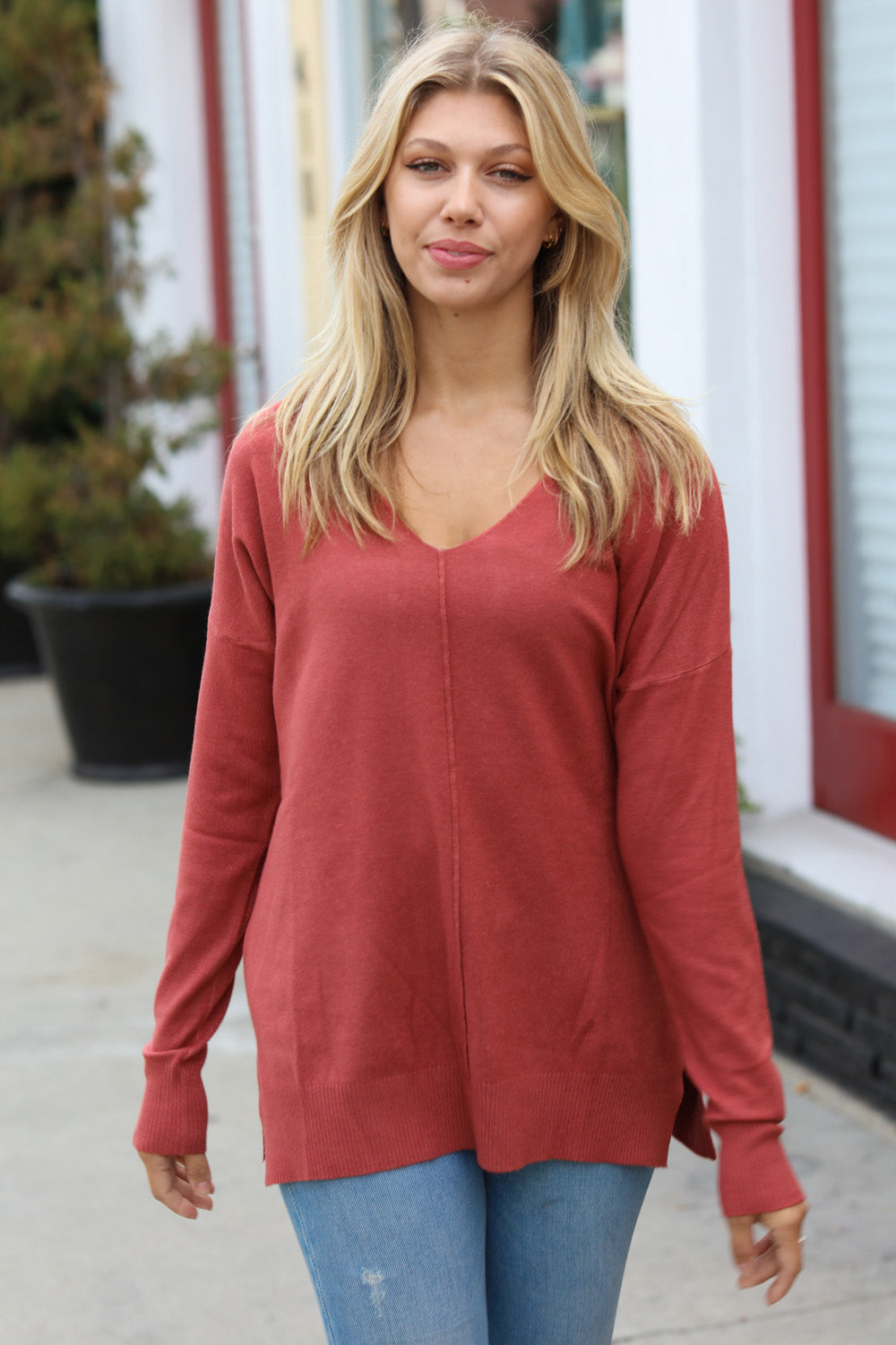 Hello Beautiful Rust Front Seam V Neck Sweater