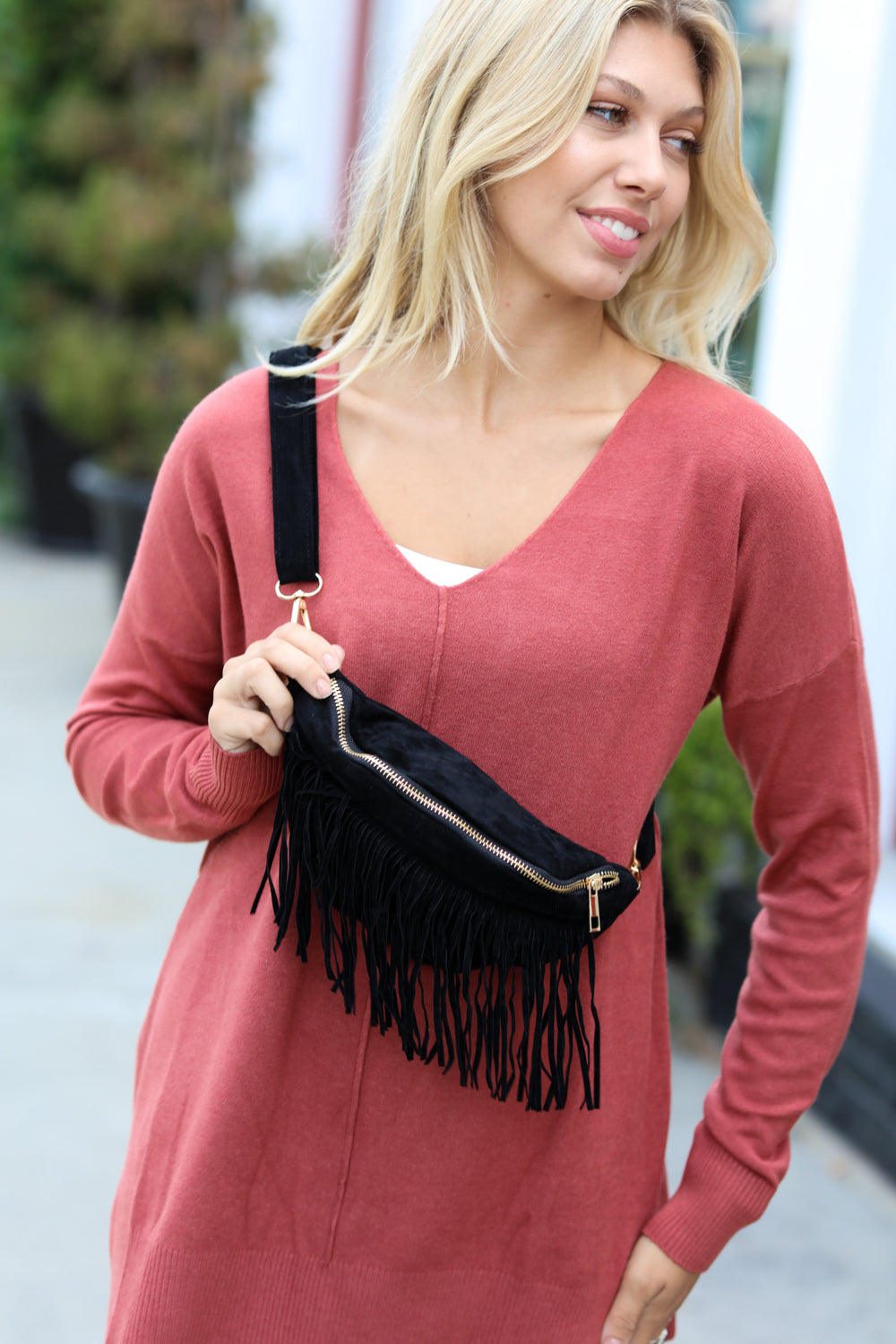 Black Faux Suede Fringe Convertible Fanny/Sling Bag