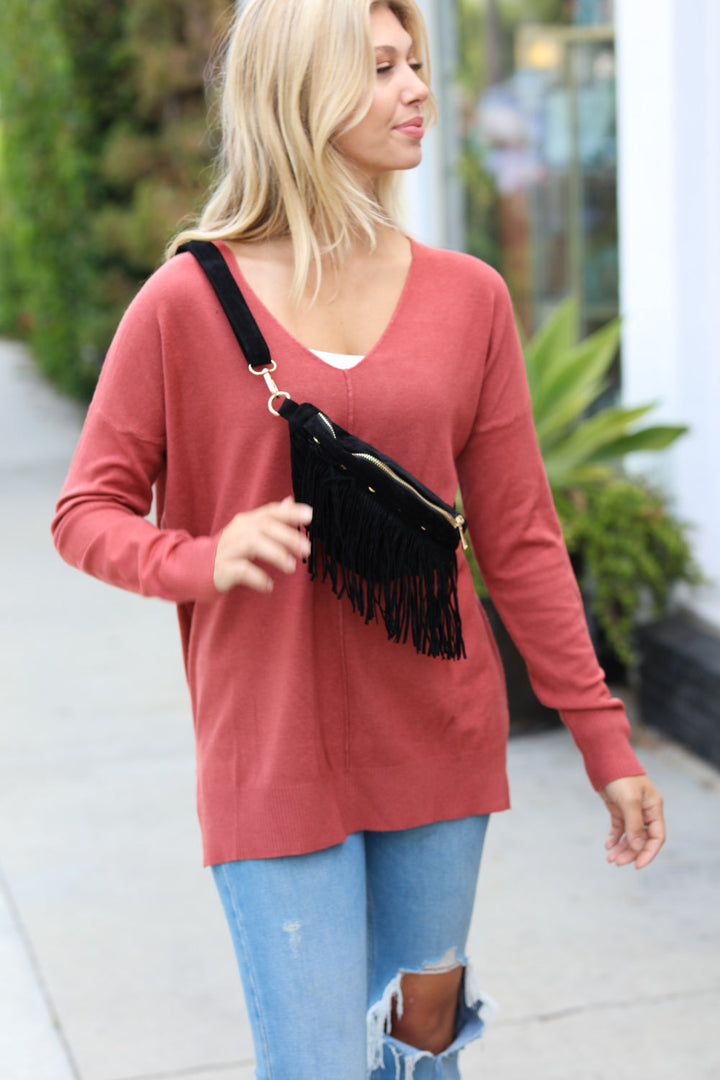 Black Faux Suede Fringe Convertible Fanny/Sling Bag