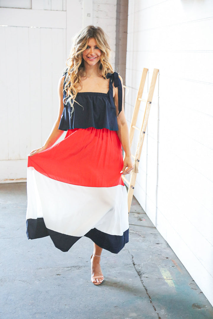 Navy & Red Color Block Tiered Shoulder Tie Ruffle Maxi Dress