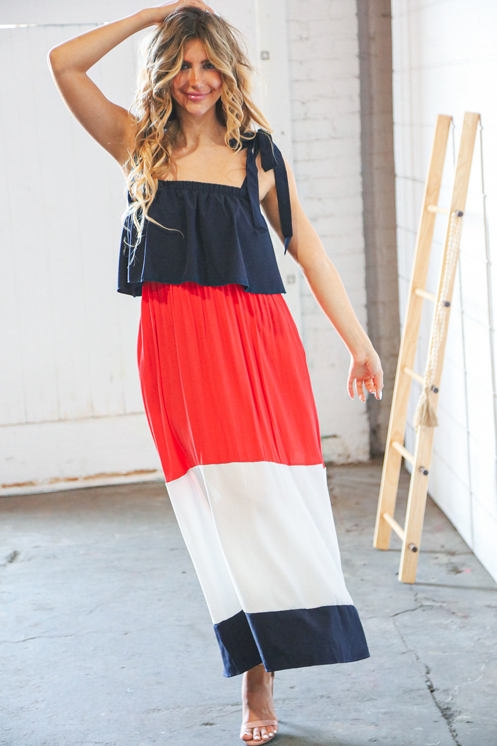 Navy & Red Color Block Tiered Shoulder Tie Ruffle Maxi Dress