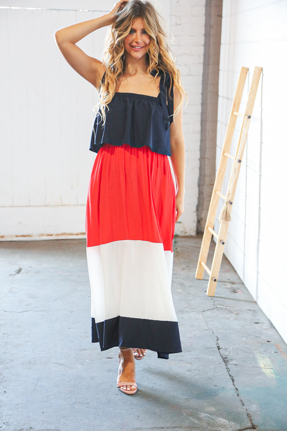 Navy & Red Color Block Tiered Shoulder Tie Ruffle Maxi Dress