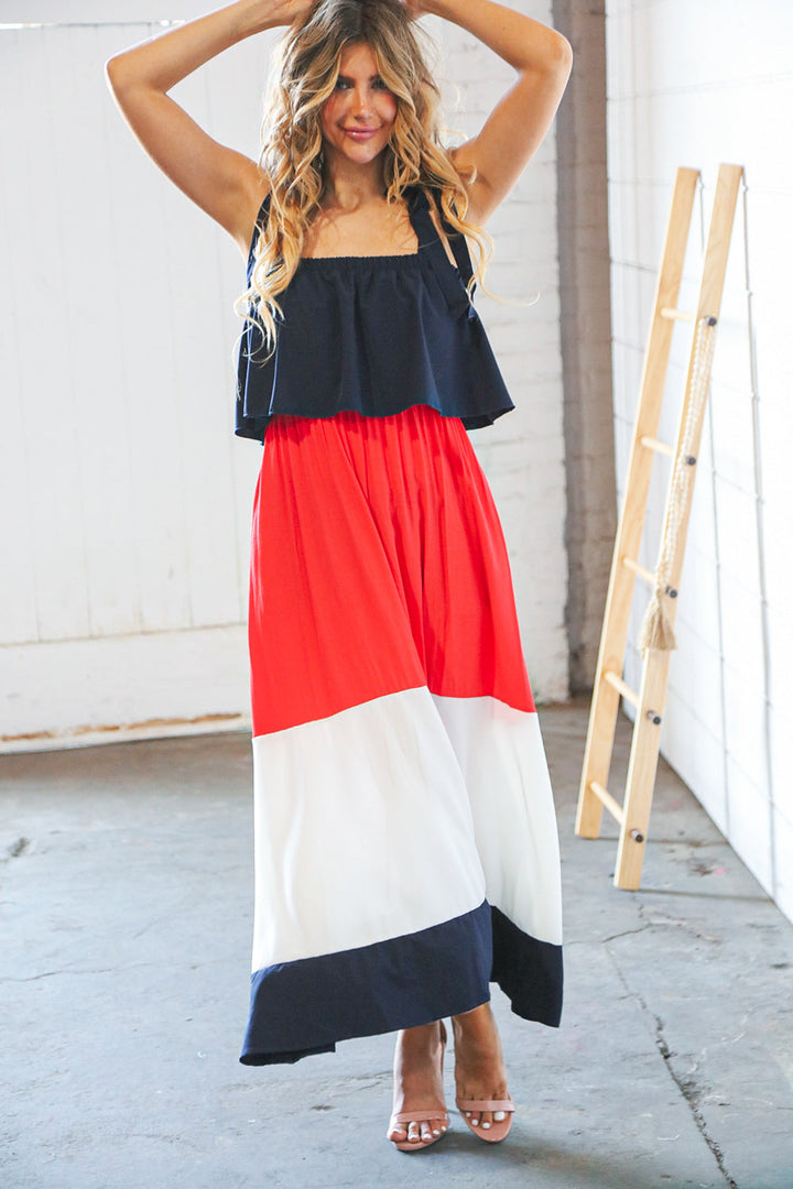 Navy & Red Color Block Tiered Shoulder Tie Ruffle Maxi Dress