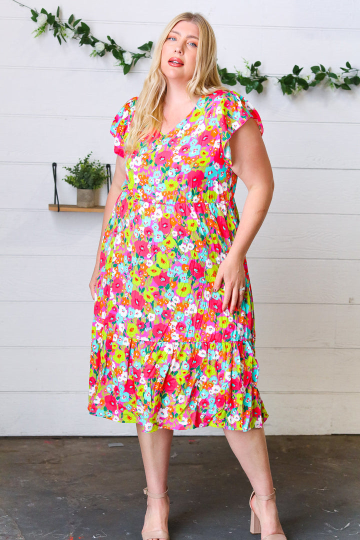 Multicolor Floral Boho Elastic Waist Ruffle Midi Dress