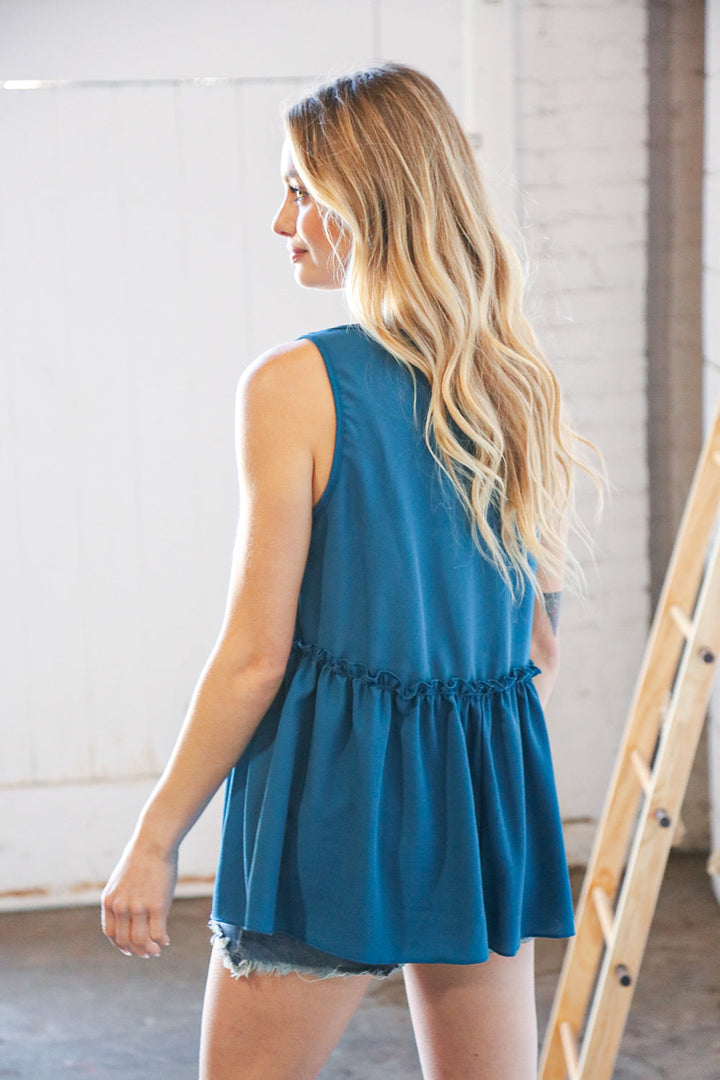 Azure Blue V Neck Sleeveless Ruffle Frill Tunic