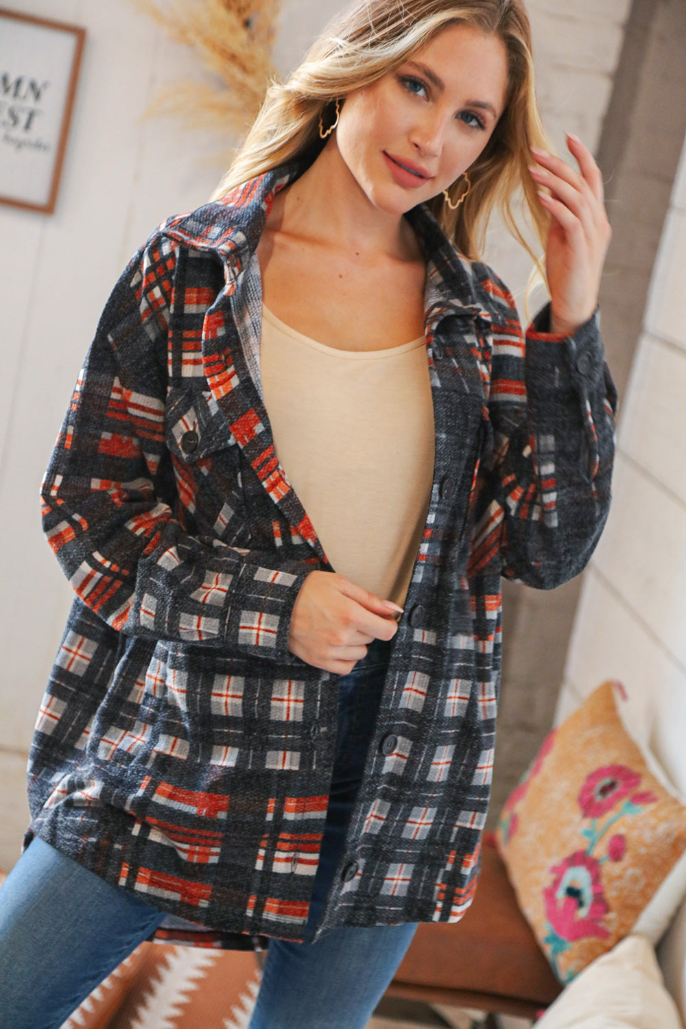 Black & Rust Brushed Plaid Oversize Pocketed Shacket