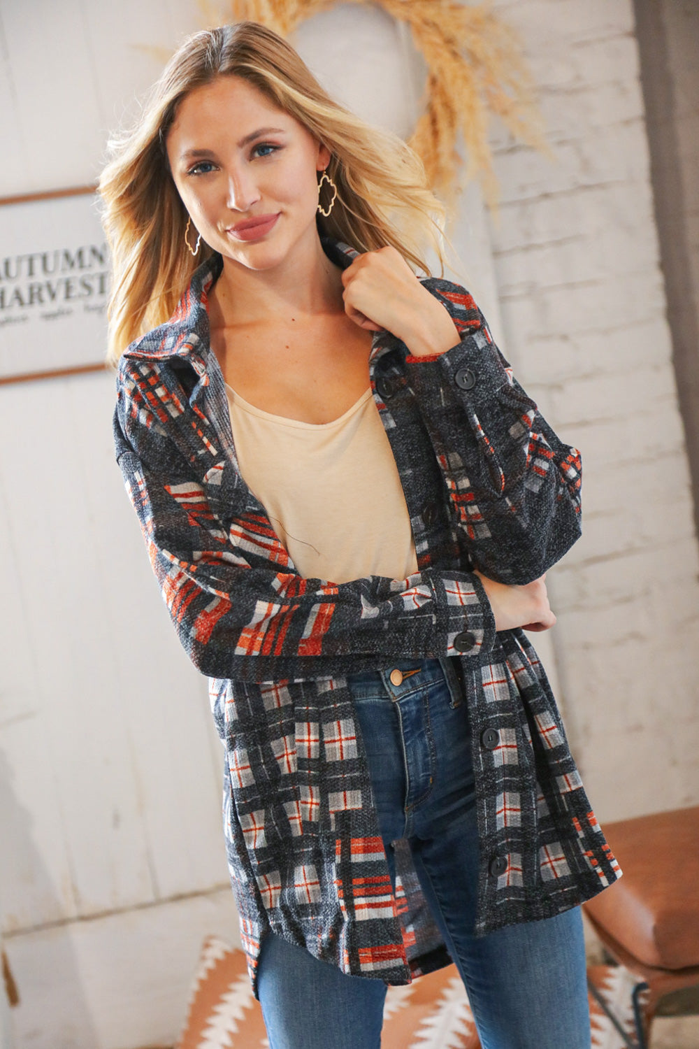 Black & Rust Brushed Plaid Oversize Pocketed Shacket