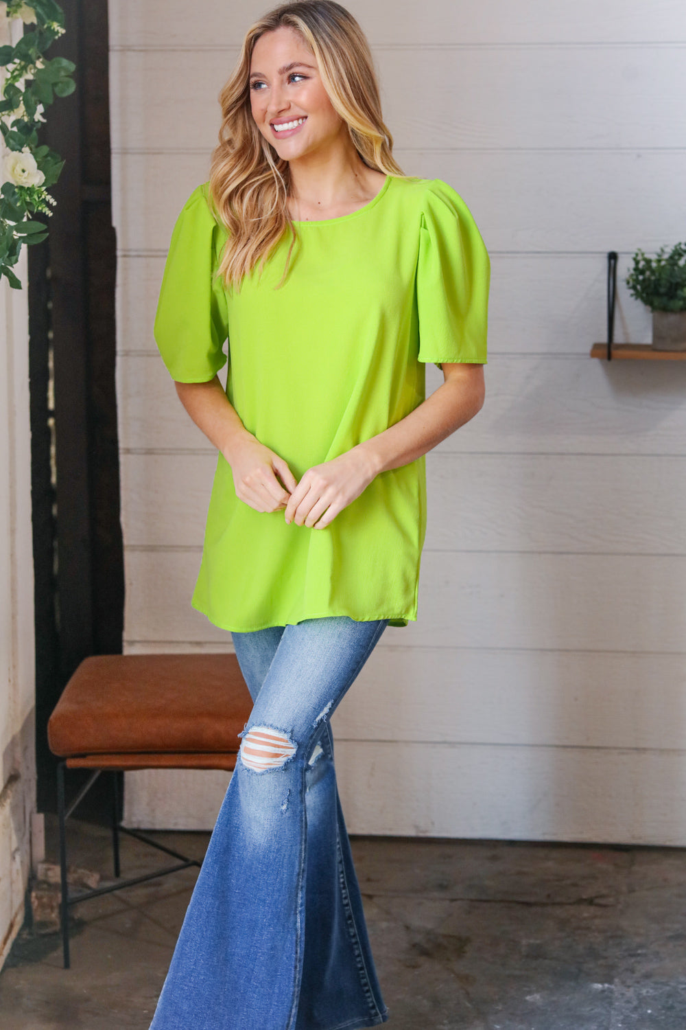 Neon Green Round Neck Puff Sleeve Crepe Top