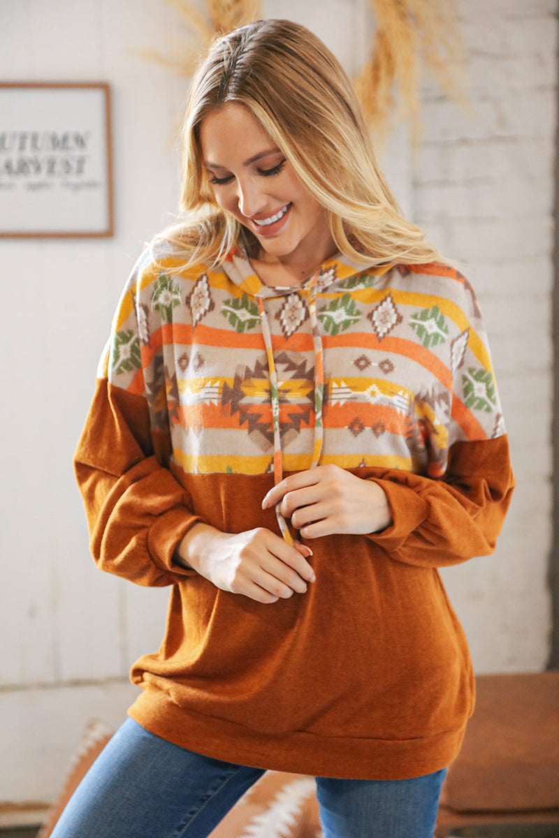 Rust Aztec Hacci Color Block Hoodie