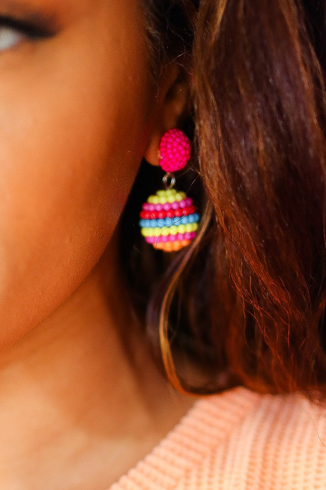 Magenta Beaded Sphere Drop Earrings