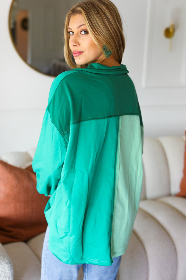 On The Way Up Mint Color Block Button Down Pullover