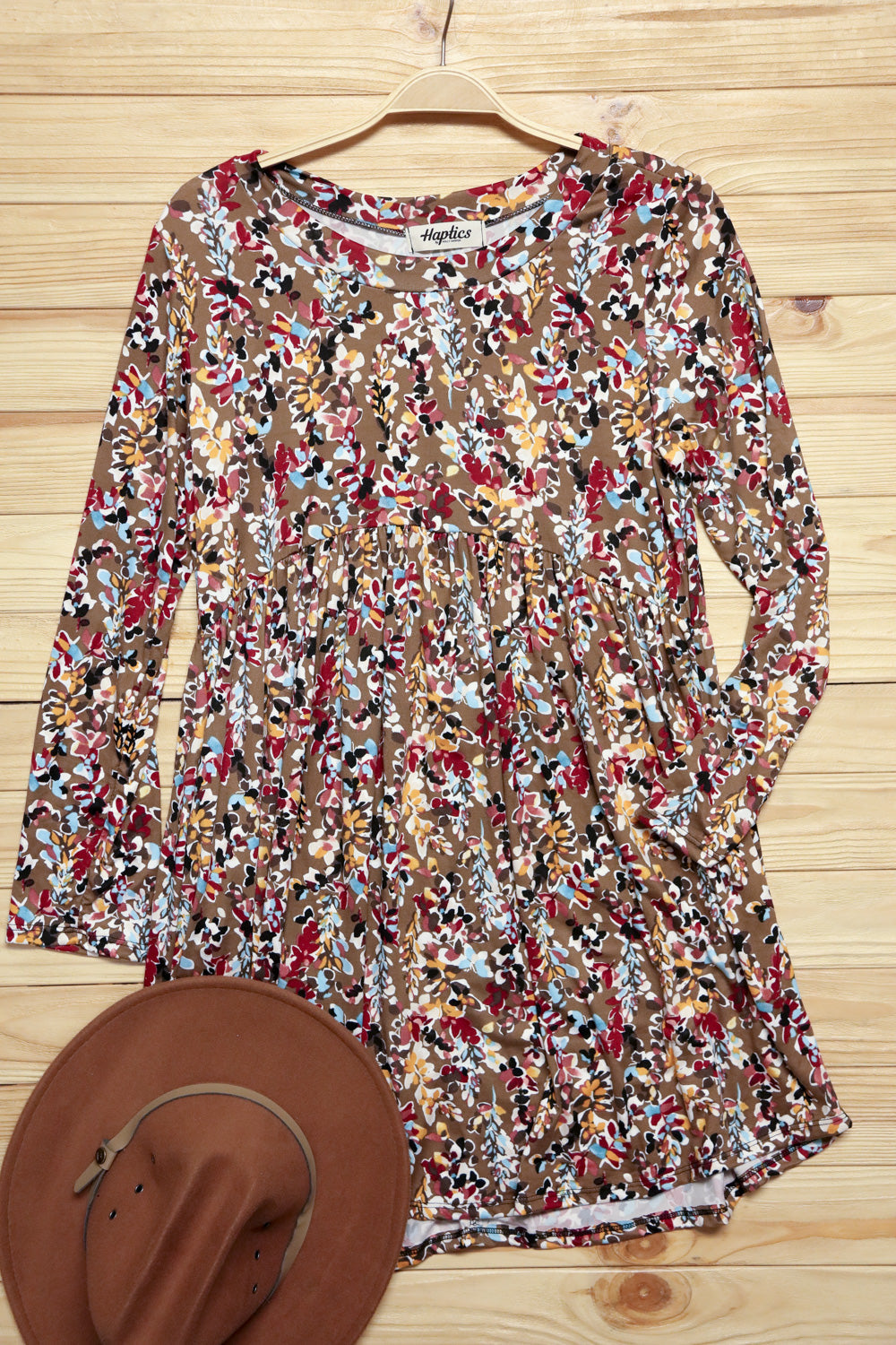 Taupe & Maroon Floral Long Sleeve Babydoll Dress