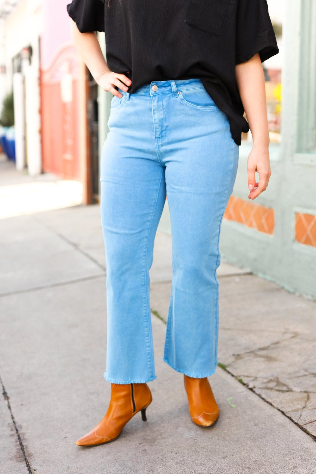 All You Need Ocean Blue High Waist Fray Bootcut Jeans