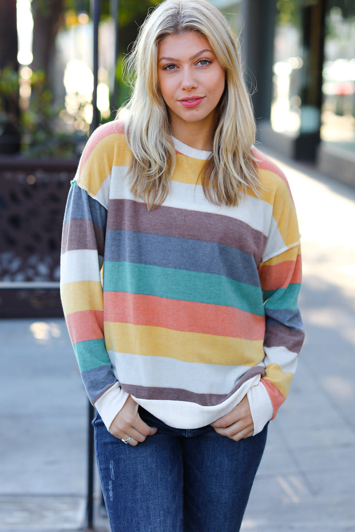 Teal & Mustard Stripe Hacci Outseam Sweater Top