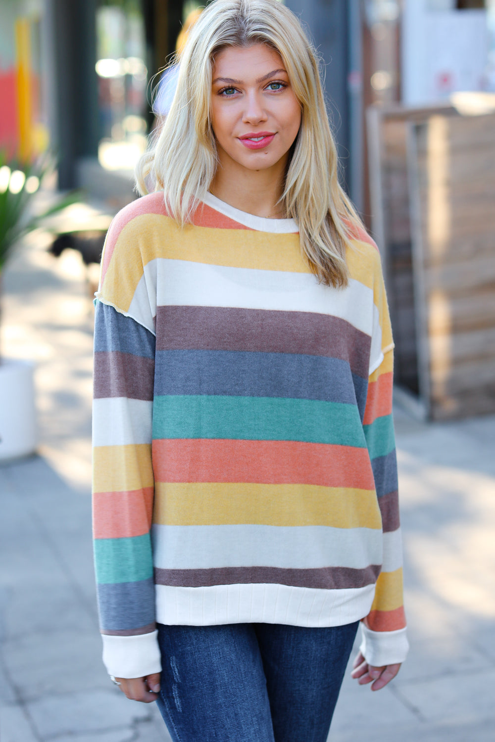 Teal & Mustard Stripe Hacci Outseam Sweater Top