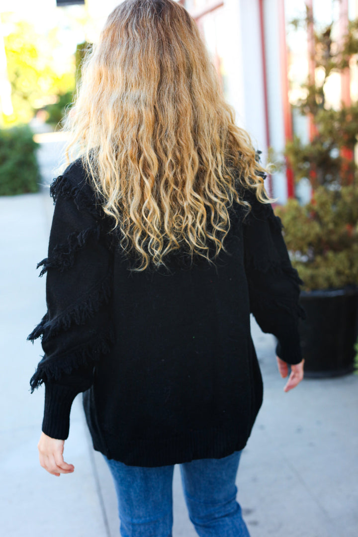 Make Your Day Black Fringe Detail Open Cardigan