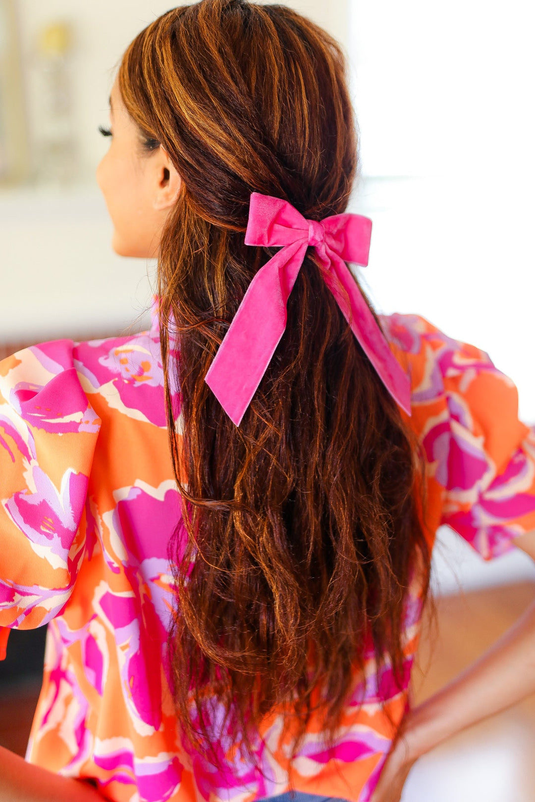 Electric Pink Velvet Barrette Clip Bow