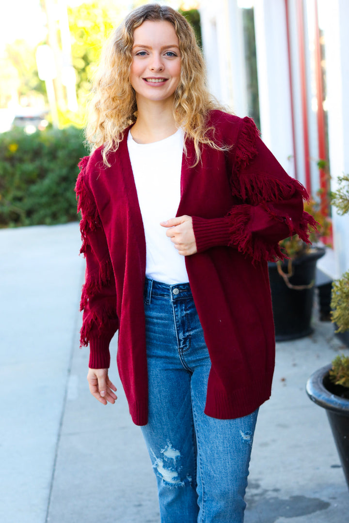 Make Your Day Burgundy Fringe Detail Open Cardigan