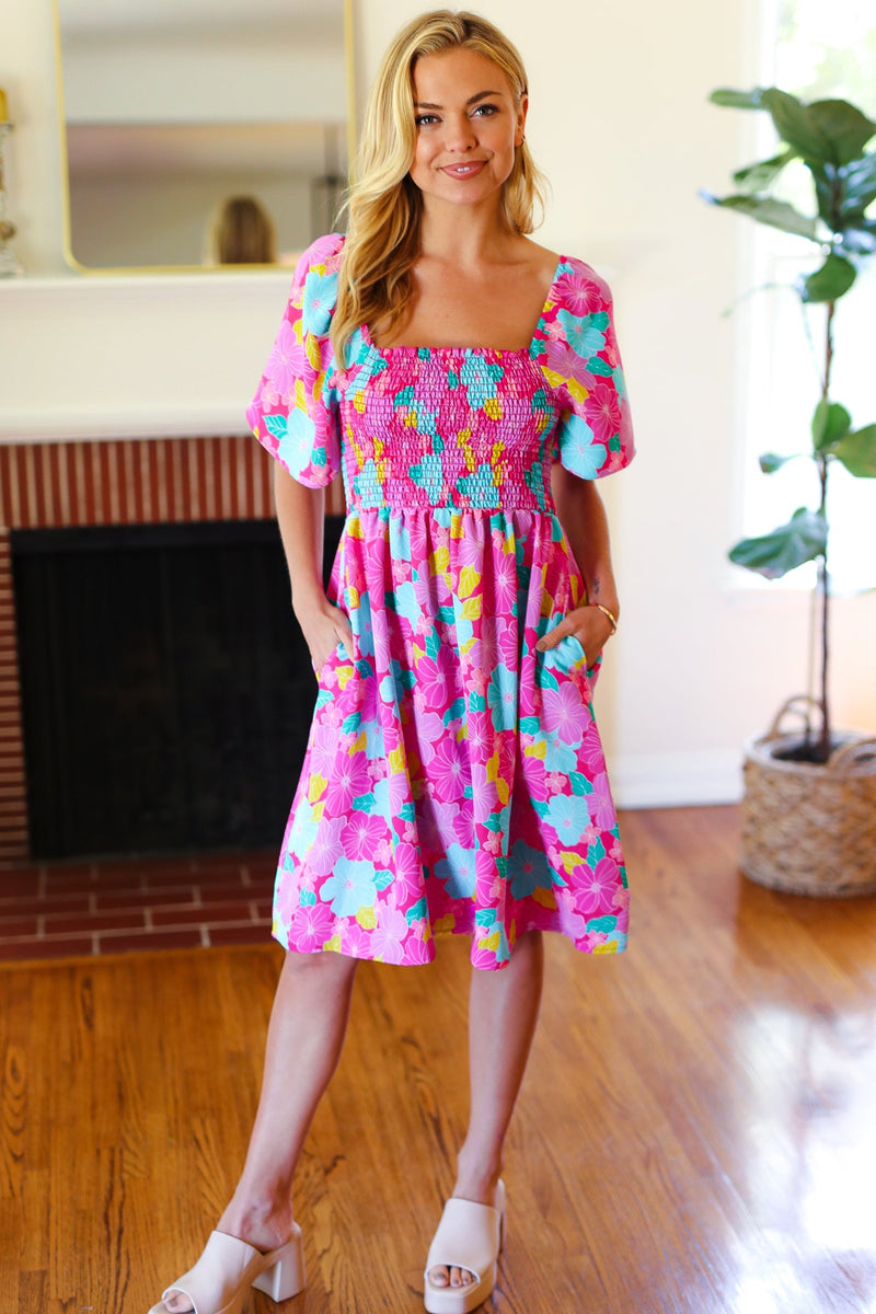 Vacay Vibes Fuchsia Floral Print Fit & Flare Smocked Dress