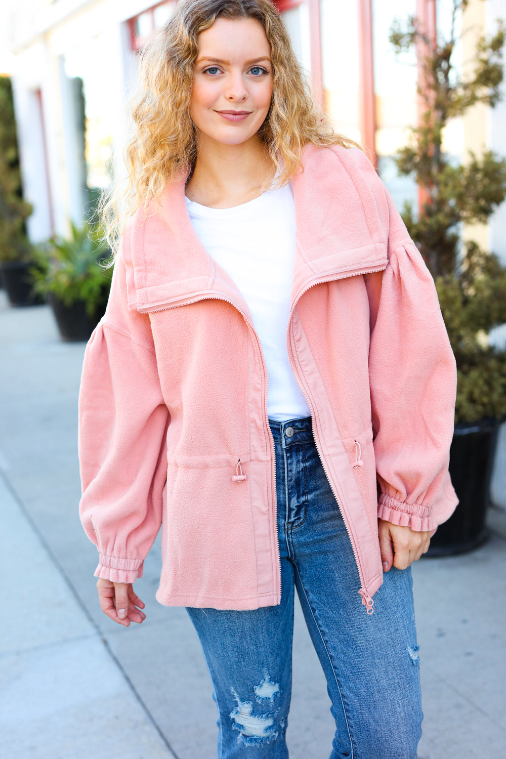 Own It Blush Cinched Waist Zip Up Fleece Jacket