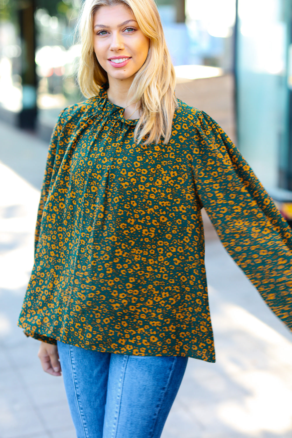 Sweet But Sassy Hunter Green Ditzy Floral Frill Neck Top