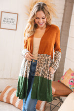 Rust & Green Cashmere Feel Leopard Color Block Cardigan
