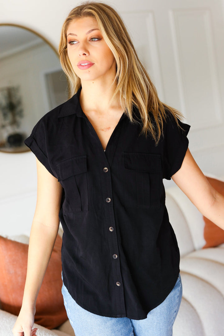 Live For Today Black V Neck Collared Button Up Tencel Top