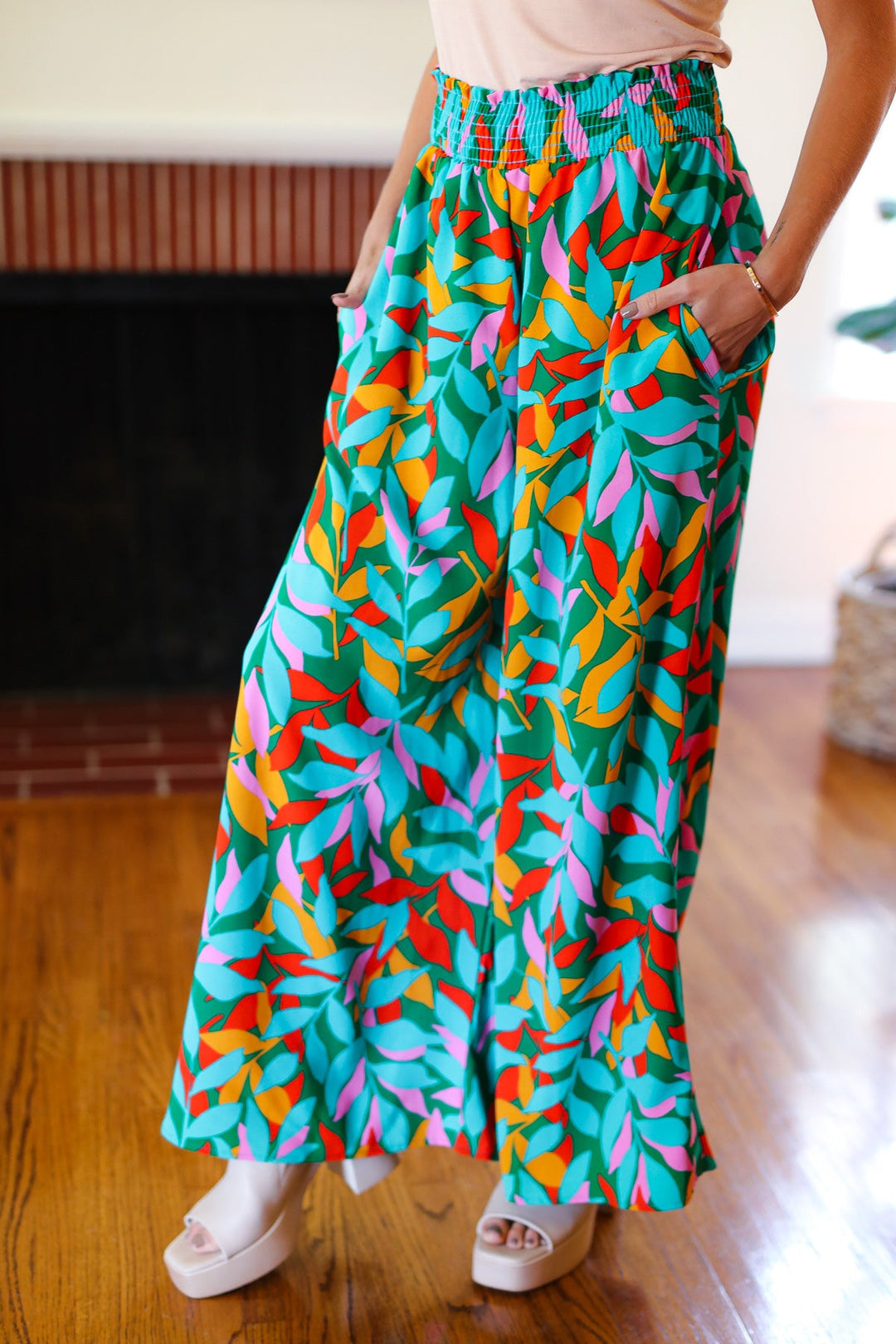 Summer Vibes Green & Orange Abstract Print Smocked Palazzo Pants