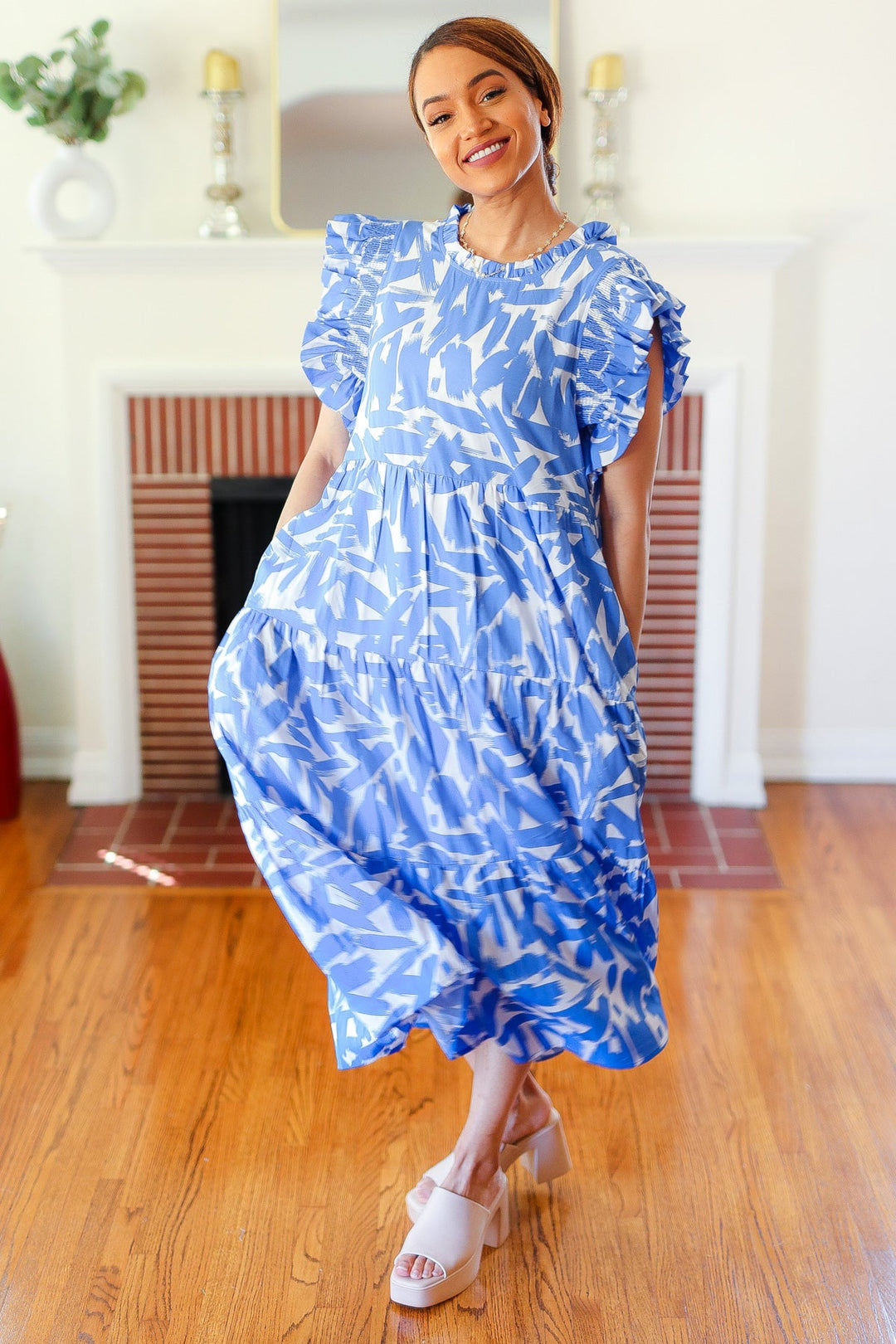 Love Found Sky Blue Abstract Print Tiered Smocked Ruffle Sleeve Maxi Dress