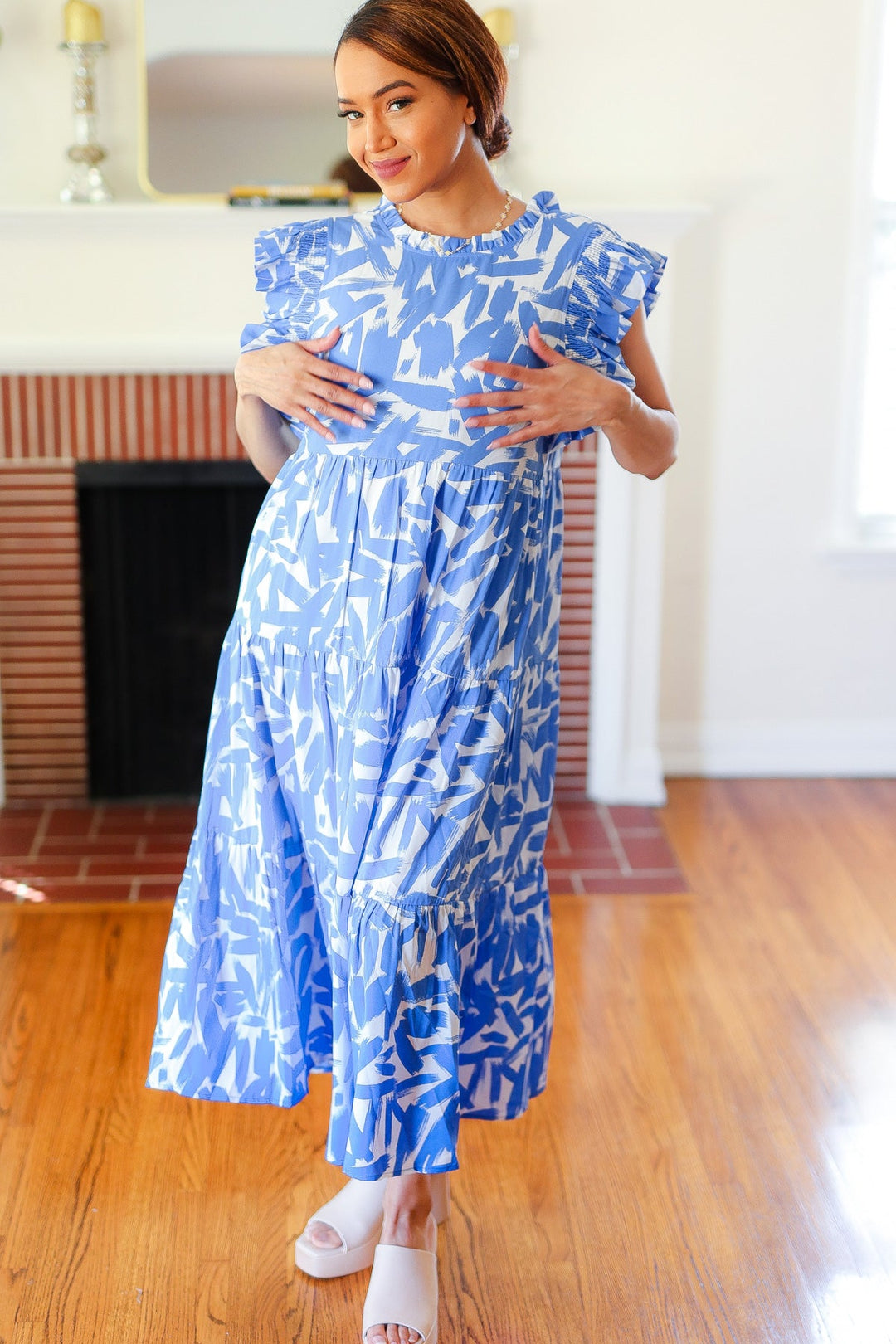 Love Found Sky Blue Abstract Print Tiered Smocked Ruffle Sleeve Maxi Dress