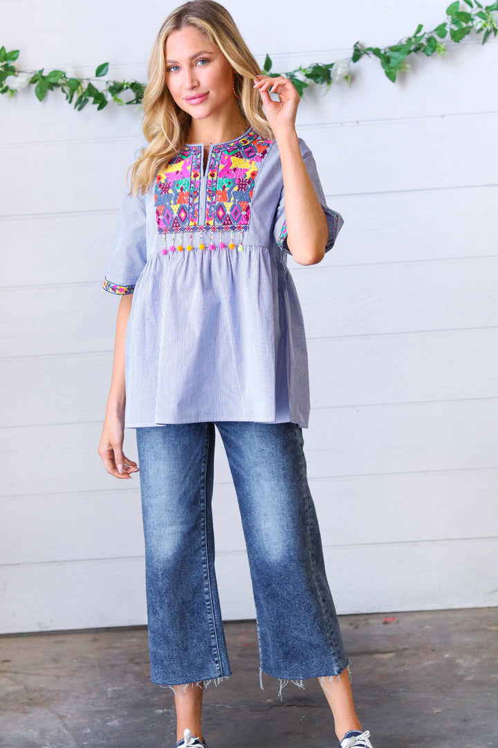 Navy Stripe Embroidered Beaded Pom Pom Yoke Top