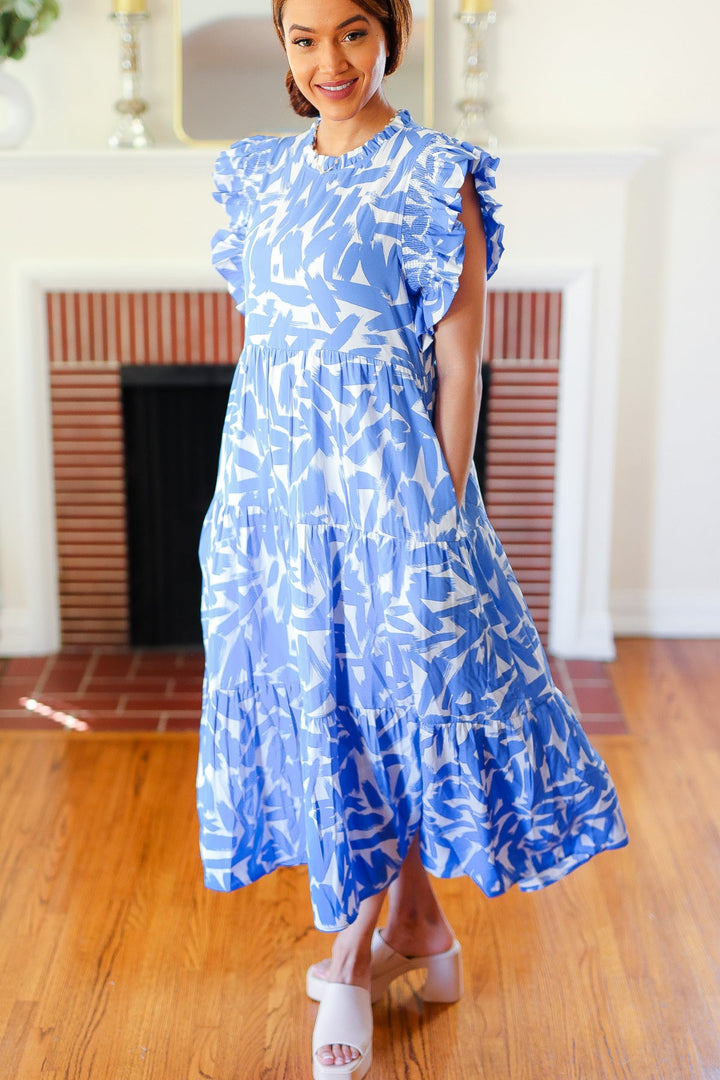 Love Found Sky Blue Abstract Print Tiered Smocked Ruffle Sleeve Maxi Dress