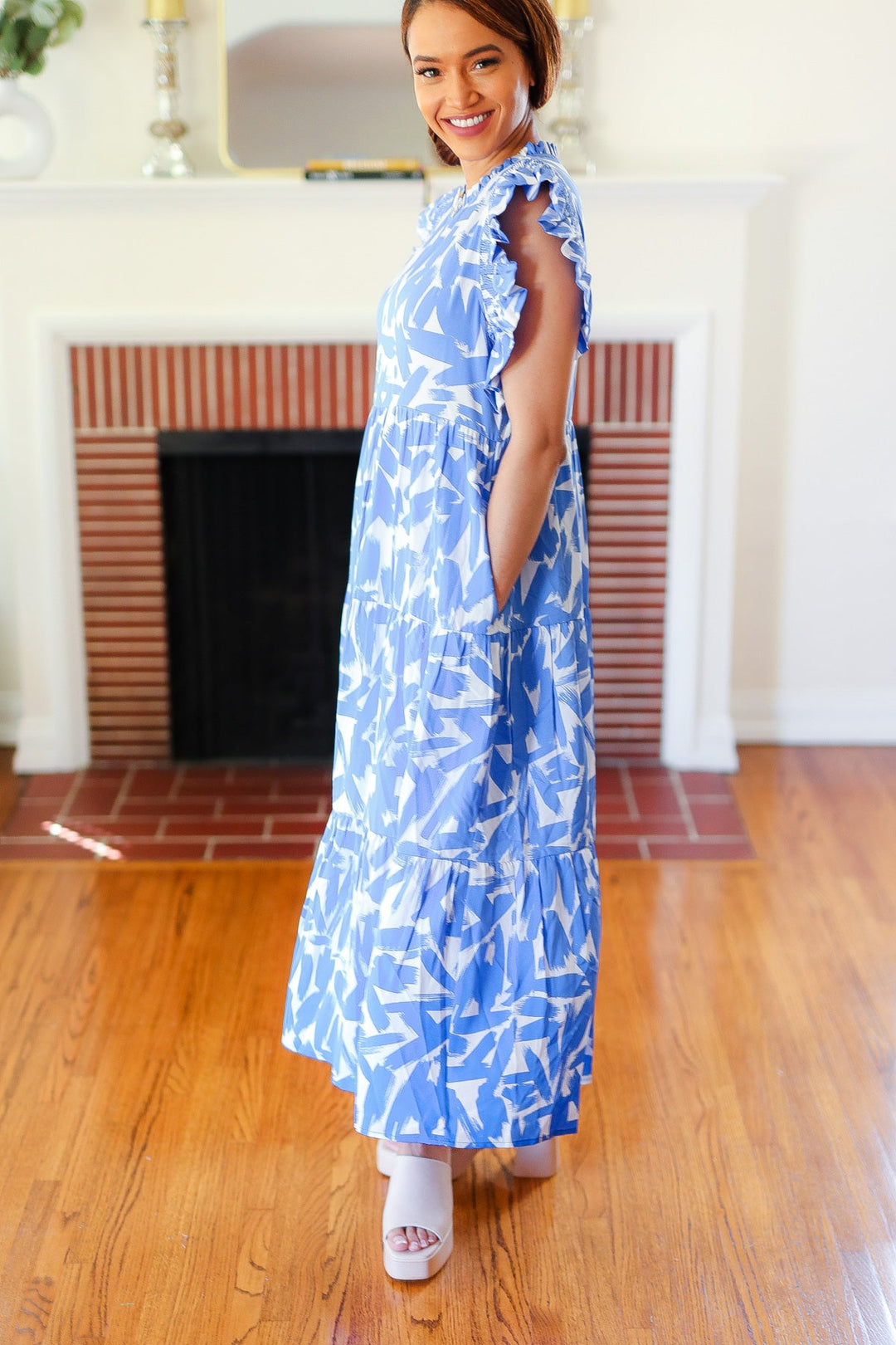 Love Found Sky Blue Abstract Print Tiered Smocked Ruffle Sleeve Maxi Dress