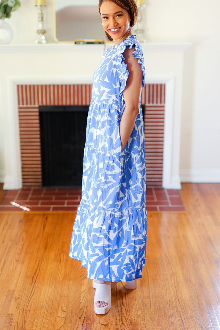 Love Found Sky Blue Abstract Print Tiered Smocked Ruffle Sleeve Maxi Dress